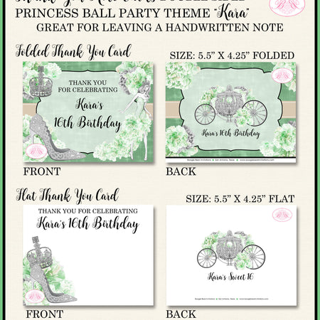 Princess Ball Party Thank You Cards Birthday Sweet 16 Crown Green Silver Cinderella Fashion Chic Boogie Bear Invitations Kara Theme Printed