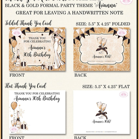 Black Gold Formal Party Thank You Card Birthday Note Fashion Chic New Years Eve Day Ball Girl Boogie Bear Invitations Arianna Theme Printed
