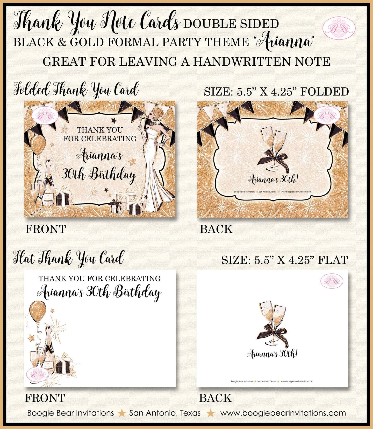Black Gold Formal Party Thank You Card Birthday Note Fashion Chic New Years Eve Day Ball Girl Boogie Bear Invitations Arianna Theme Printed