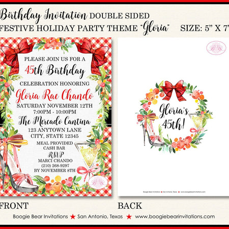 Red Christmas Holiday Party Invitation Birthday Flower Winter Holly Garland Boogie Bear Invitations Gloria Theme Paperless Printable Printed
