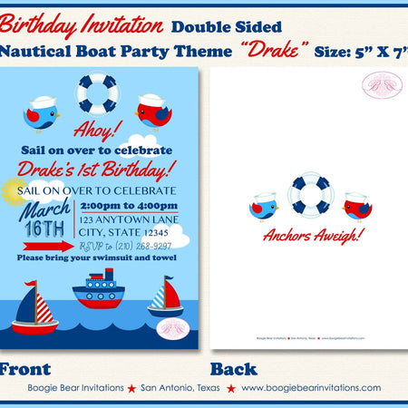 Nautical Sailor Birthday Party Invitation Boat Boy Girl Red Blue Ocean Sail Boogie Bear Invitations Drake Theme Paperless Printable Printed