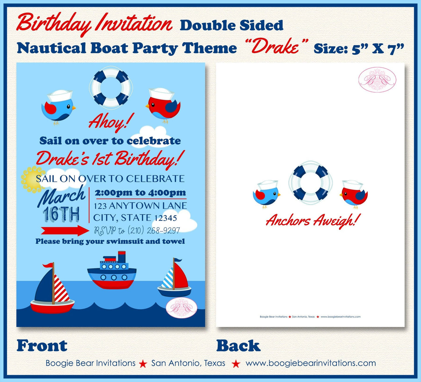 Nautical Sailor Birthday Party Invitation Boat Boy Girl Red Blue Ocean Sail Boogie Bear Invitations Drake Theme Paperless Printable Printed
