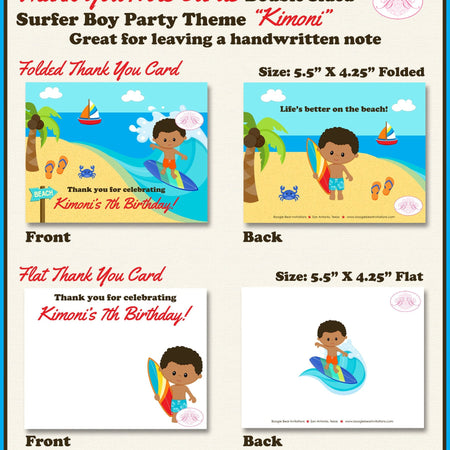 Surfer Boy Birthday Party Thank You Card Note Beach Swimming Surf Ocean Pool Swim Summer Aloha Boogie Bear Invitations Kimoni Theme Printed