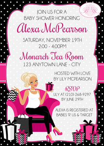 Modern Chic Pink Baby Shower Invitation Girl Black Hot Magenta Black White Boogie Bear Invitations Alexa Theme Paperless Printable Printed
