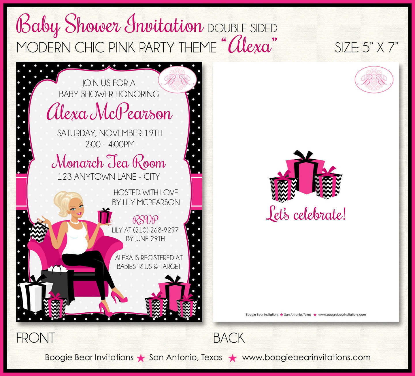 Modern Chic Pink Baby Shower Invitation Girl Black Hot Magenta Black White Boogie Bear Invitations Alexa Theme Paperless Printable Printed