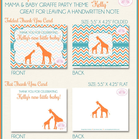 Orange Teal Giraffe Thank You Card Baby Shower Girl Boy Reveal Party Chevron Aqua Turquoise Blue Boogie Bear Invitations Kelly Theme Printed