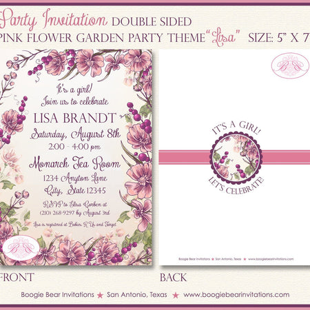 Pink Flower Garden Baby Shower Invitation Girl Purple Spring Floral Outdoor Boogie Bear Invitations Lisa Theme Paperless Printable Printed
