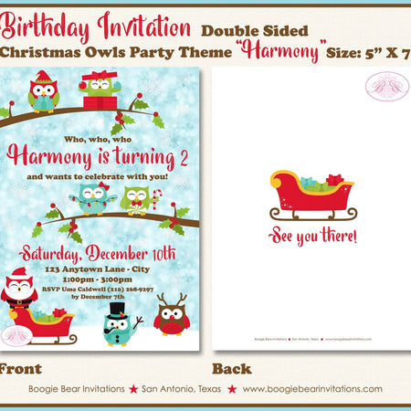 Christmas Owls Birthday Party Invitation Snow Red Green Girl Boy Winter Woodland Birds Boogie Bear Harmony Theme Paperless Printable Printed