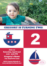 Load image into Gallery viewer, Sail Tug Boat Birthday Party Invitation Photo Captain Red Blue Nautical Sailor Boogie Bear Invitations Gregory Paperless Printable Printed