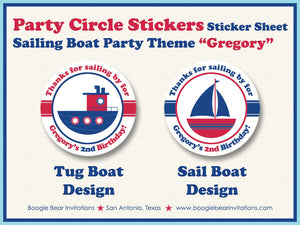 Sail Tug Boat Birthday Party Stickers Circle Sheet Round Ship Boy Girl Red Blue Sea Ship Swim Swimming Boogie Bear Invitations Gregory Theme