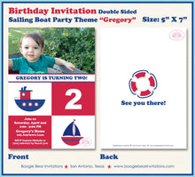 Load image into Gallery viewer, Sail Tug Boat Birthday Party Invitation Photo Captain Red Blue Nautical Sailor Boogie Bear Invitations Gregory Paperless Printable Printed