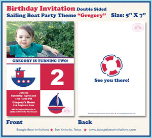 Sail Tug Boat Birthday Party Invitation Photo Captain Red Blue Nautical Sailor Boogie Bear Invitations Gregory Paperless Printable Printed