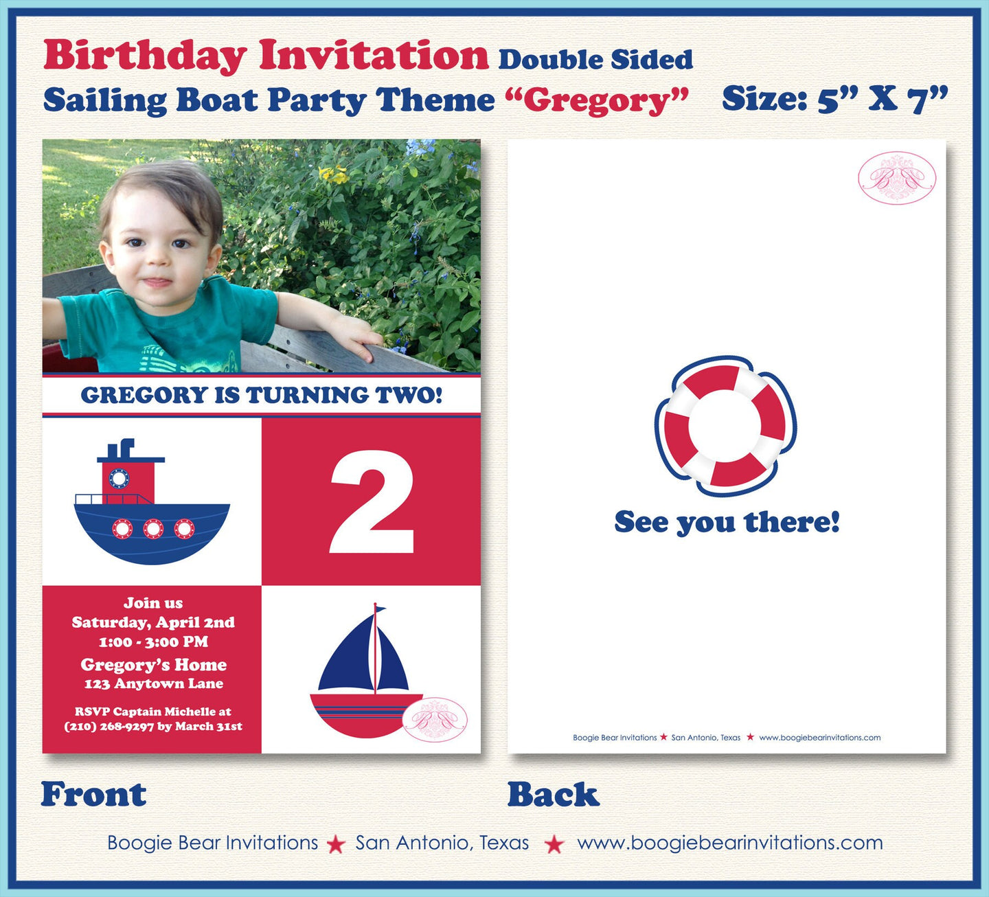 Sail Tug Boat Birthday Party Invitation Photo Captain Red Blue Nautical Sailor Boogie Bear Invitations Gregory Paperless Printable Printed