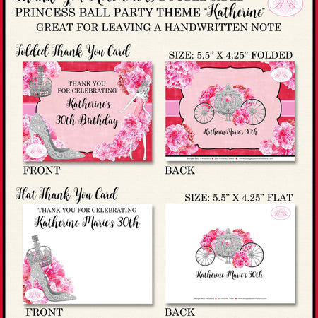 Princess Ball Party Thank You Cards Birthday Sweet 16 Crown Red Pink Cinderella Fashion Chic Boogie Bear Invitations Katherine Theme Printed
