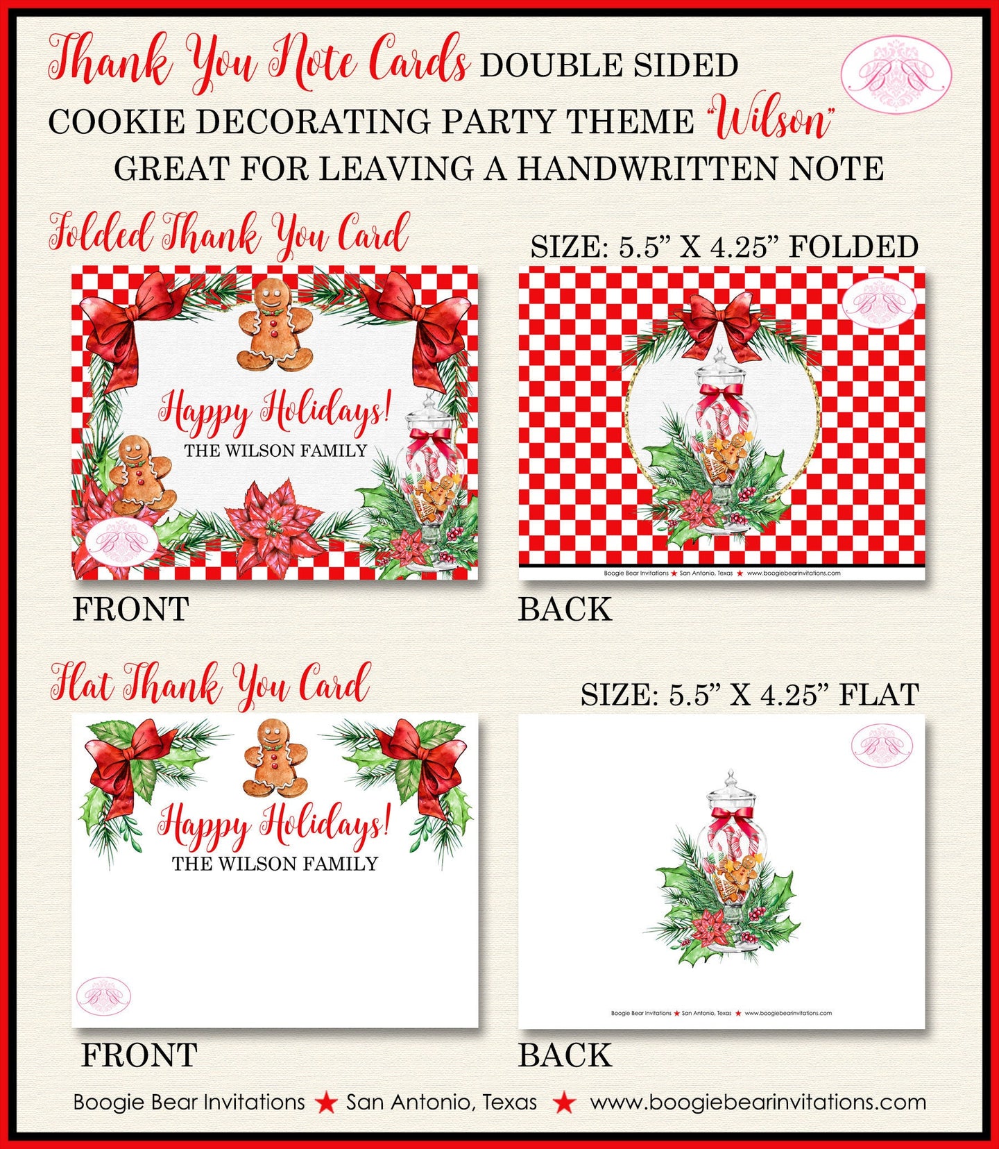Cookie Decorating Party Thank You Card Note Christmas Red Gingerbread Poinsettia Candycane Kids Boogie Bear Invitations Wilson Theme Printed