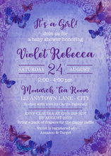 Load image into Gallery viewer, Lavender Butterfly Baby Shower Invitation Vintage Purple Birthday Party Fly Boogie Bear Invitations Violet Theme Paperless Printable Printed