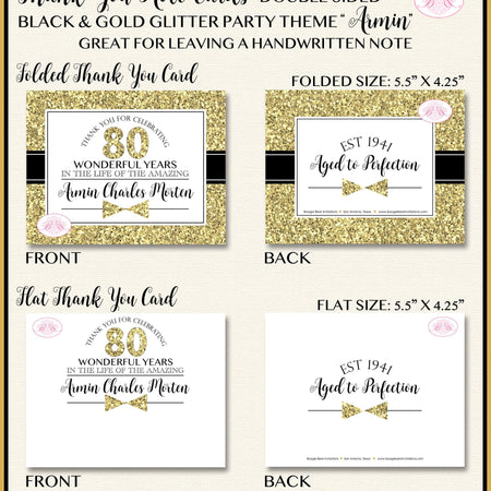 Black Gold Glitter Party Thank You Card Birthday Note Boy Tie Royal Aged To Perfection Formal Boogie Bear Invitations Armin Theme Printed