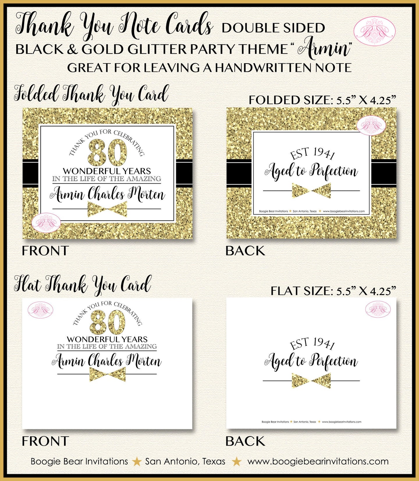 Black Gold Glitter Party Thank You Card Birthday Note Boy Tie Royal Aged To Perfection Formal Boogie Bear Invitations Armin Theme Printed