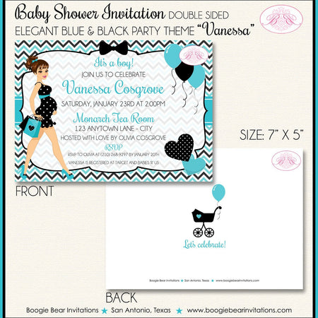 Aqua Blue Black Baby Shower Invitation Party Boy Turquoise Teal Chevron Boogie Bear Invitations Vanessa Theme Paperless Printable Printed