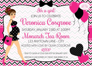 Pink Black Baby Shower Party Invitation Girl Chevron Modern Chic Heart Boogie Bear Invitations Veronica Theme Paperless Printable Printed