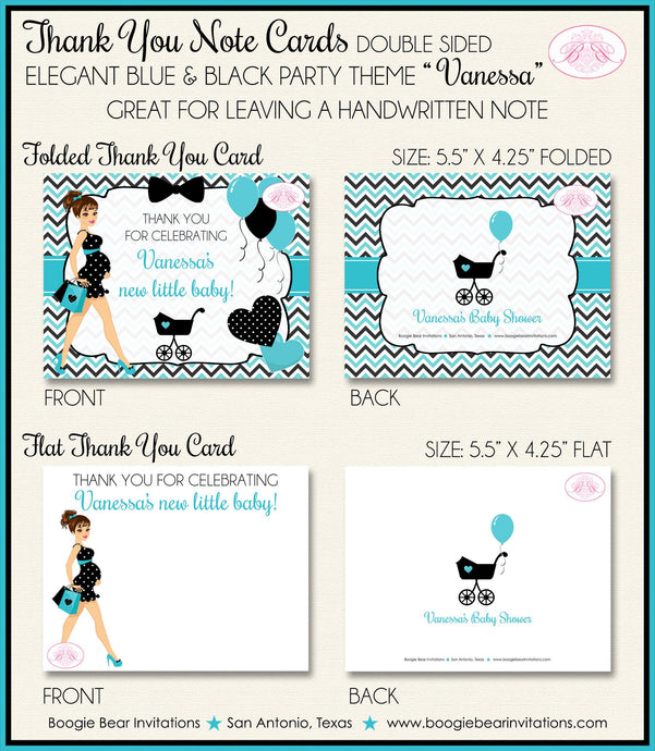 Blue Black Party Thank You Card Favor Note Baby Shower Girl Boy Chevron Teal Aqua Chic Fashion Boogie Bear Invitations Vanessa Theme Printed