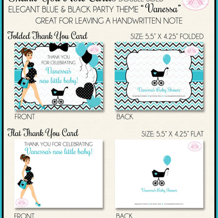 Blue Black Party Thank You Card Favor Note Baby Shower Girl Boy Chevron Teal Aqua Chic Fashion Boogie Bear Invitations Vanessa Theme Printed