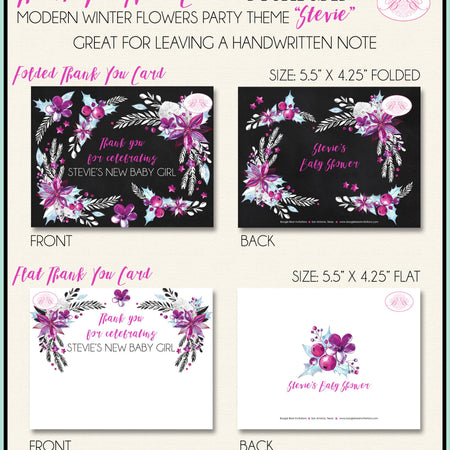 Winter Woodland Flowers Party Thank You Cards Note Baby Shower Pink Girl Aqua White Chalkboard Boogie Bear Invitations Stevie Theme Printed