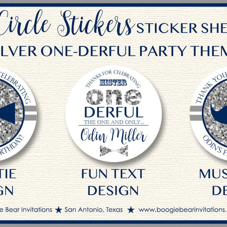 Mr Wonderful 1st Birthday Party Stickers Circle Sheet Round Boy Mustache Bow Tie Onederful Navy Silver Boogie Bear Invitations Odin Theme