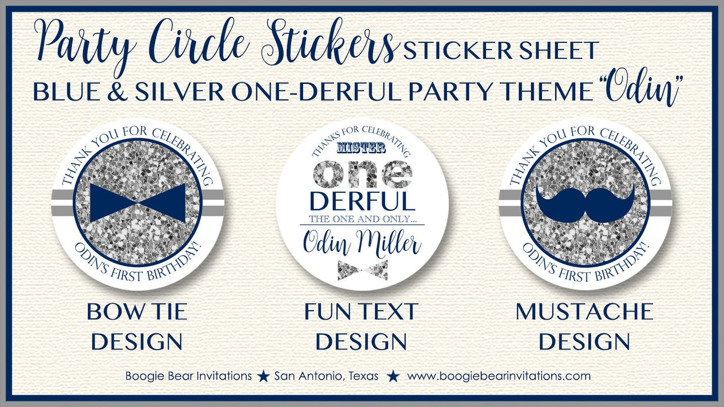 Mr Wonderful 1st Birthday Party Stickers Circle Sheet Round Boy Mustache Bow Tie Onederful Navy Silver Boogie Bear Invitations Odin Theme