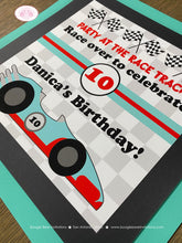 Load image into Gallery viewer, Race Car Birthday Party Door Banner Driver Racing Red Aqua Black Checkered Flag Grand Prix Boy Girl Tag Boogie Bear Invitations Danica Theme