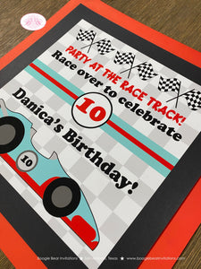 Race Car Birthday Party Door Banner Driver Racing Red Aqua Black Checkered Flag Grand Prix Boy Girl Tag Boogie Bear Invitations Danica Theme