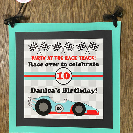 Race Car Birthday Party Door Banner Driver Racing Red Aqua Black Checkered Flag Grand Prix Boy Girl Tag Boogie Bear Invitations Danica Theme