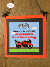 Load image into Gallery viewer, Motorcycle Birthday Party Door Banner Driver Red Pit Crew Checkered Flag Black Racing Grand Prix Teen Boogie Bear Invitations Giacomo Theme