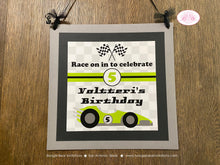 Load image into Gallery viewer, Race Car Birthday Party Door Banner Driver Racing Lime Green Black Checkered Flag Grand Prix Boy Girl Boogie Bear Invitations Valtteri Theme
