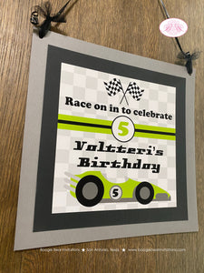 Race Car Birthday Party Door Banner Driver Racing Lime Green Black Checkered Flag Grand Prix Boy Girl Boogie Bear Invitations Valtteri Theme
