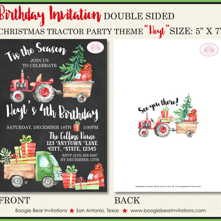 Christmas Tractor Birthday Party Invitation Truck Red Green Tree Chalkboard Farm Country Trailer Boogie Bear Invitations Hoyt Theme Printed
