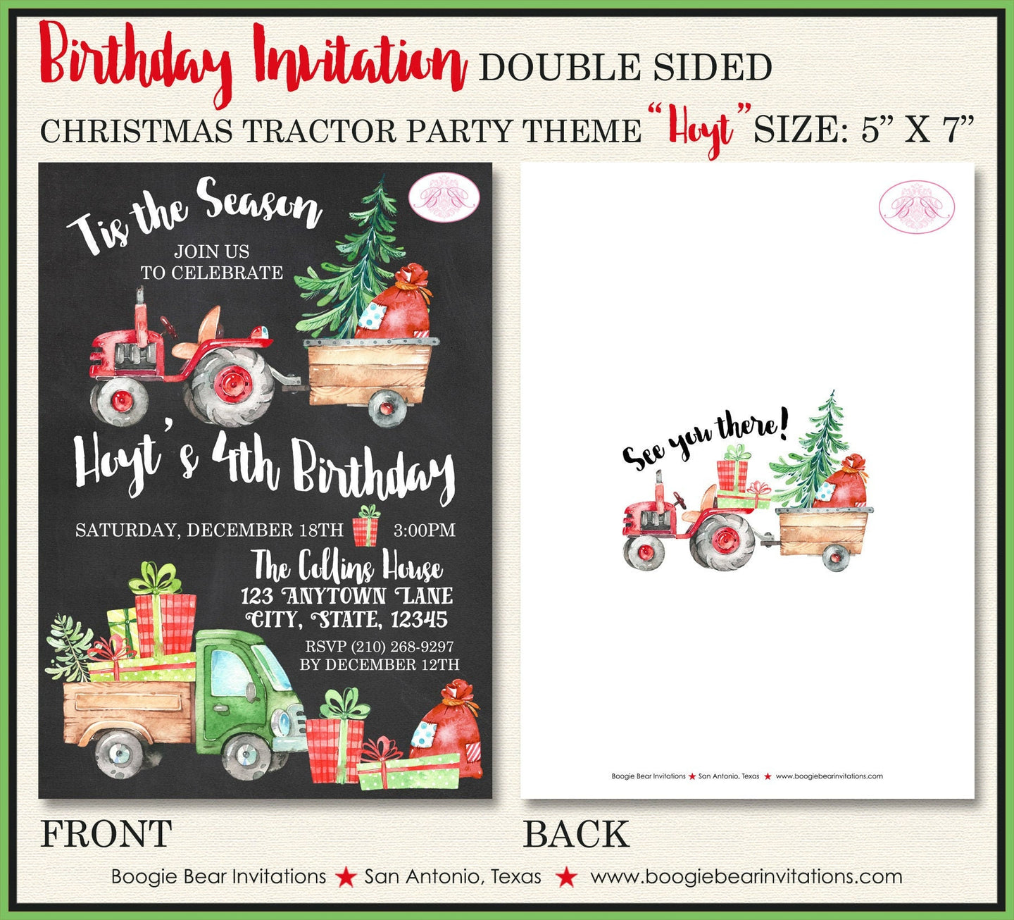 Christmas Tractor Birthday Party Invitation Truck Red Green Tree Chalkboard Farm Country Trailer Boogie Bear Invitations Hoyt Theme Printed