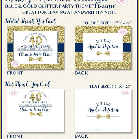 Blue Gold Glitter Party Thank You Card Birthday Note Boy Tie Royal King Formal Elegant Dinner Boogie Bear Invitations Clarence Theme Printed