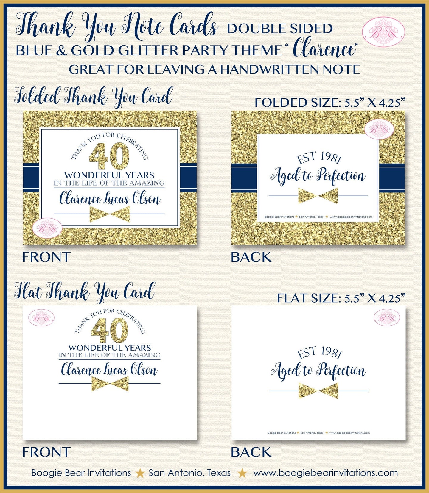 Blue Gold Glitter Party Thank You Card Birthday Note Boy Tie Royal King Formal Elegant Dinner Boogie Bear Invitations Clarence Theme Printed