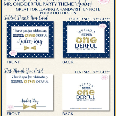 Mr. Wonderful Party Thank You Card Birthday Bow Tie Boy Royal Navy Blue Gold ONE Onederful 1st Boogie Bear Invitations Auden Theme Printed