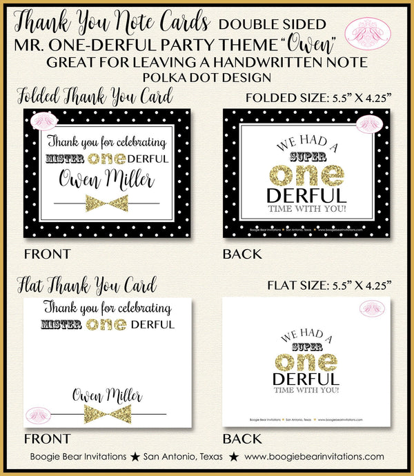 Mr. Wonderful Party Thank You Card Birthday Bow Tie Little Man Boy Black Gold ONE Onederful 1st Boogie Bear Invitations Owen Theme Printed