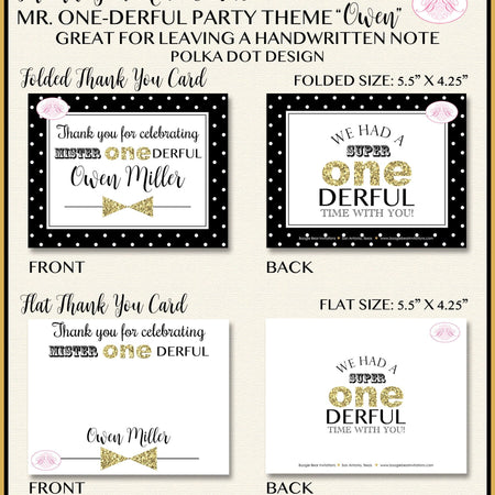 Mr. Wonderful Party Thank You Card Birthday Bow Tie Little Man Boy Black Gold ONE Onederful 1st Boogie Bear Invitations Owen Theme Printed