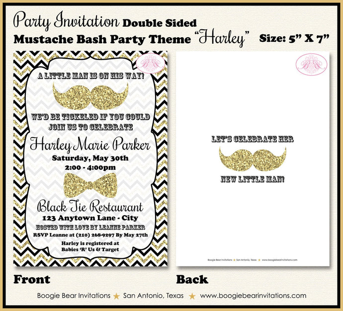Mustache Bash Baby Shower Invitation Bow Tie Party Little Man Black Gold Boogie Bear Invitations Harley Theme Paperless Printable Printed