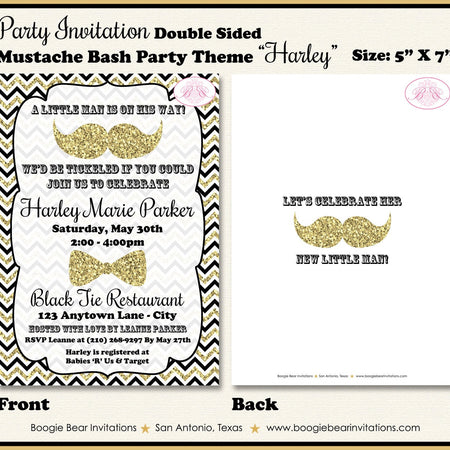 Mustache Bash Baby Shower Invitation Bow Tie Party Little Man Black Gold Boogie Bear Invitations Harley Theme Paperless Printable Printed