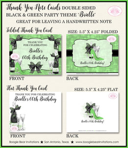 Black Green Party Thank You Cards Birthday Note Champagne High Heel Fashion Chic Fashionista Boogie Bear Invitations Brielle Theme Printed