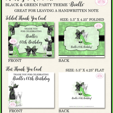 Black Green Party Thank You Cards Birthday Note Champagne High Heel Fashion Chic Fashionista Boogie Bear Invitations Brielle Theme Printed