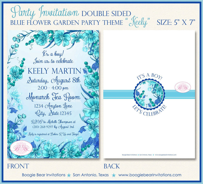 Blue Flower Garden Baby Shower Invitation Party Boy Girl Aqua Turquoise Teal Boogie Bear Invitations Keely Theme Paperless Printable Printed