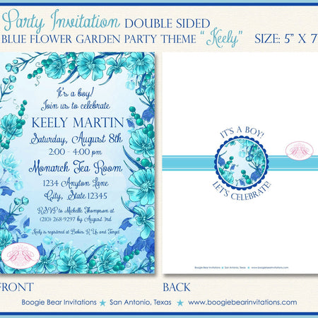 Blue Flower Garden Baby Shower Invitation Party Boy Girl Aqua Turquoise Teal Boogie Bear Invitations Keely Theme Paperless Printable Printed