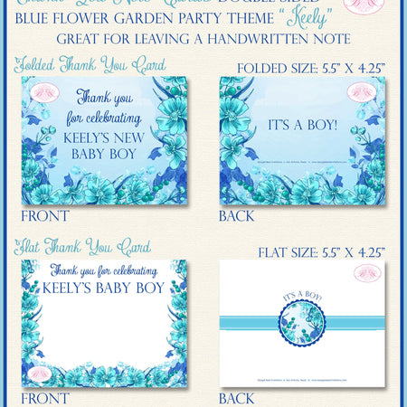 Blue Flower Garden Baby Shower Party Thank You Card Note Boy Girl Aqua Turquoise Teal Birthday Boogie Bear Invitations Keely Theme Printed