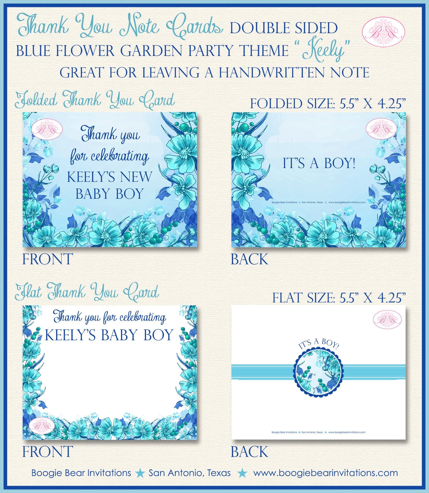 Blue Flower Garden Baby Shower Party Thank You Card Note Boy Girl Aqua Turquoise Teal Birthday Boogie Bear Invitations Keely Theme Printed
